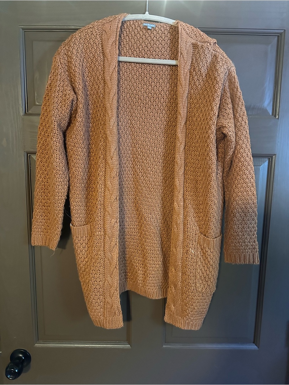 Charlotte Russe Open-Front Cable Knit Cardigan in Camel Brown